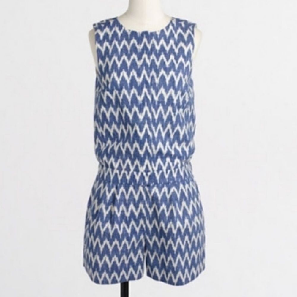 J Crew Linen Romper Blue‎ Chevron Sz 0